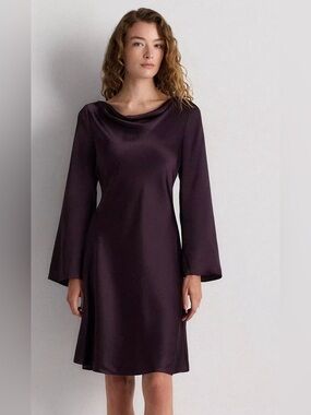 NWT Quince 100% Washable Silk Long Sleeve Mini Dress Deep Purple Medium